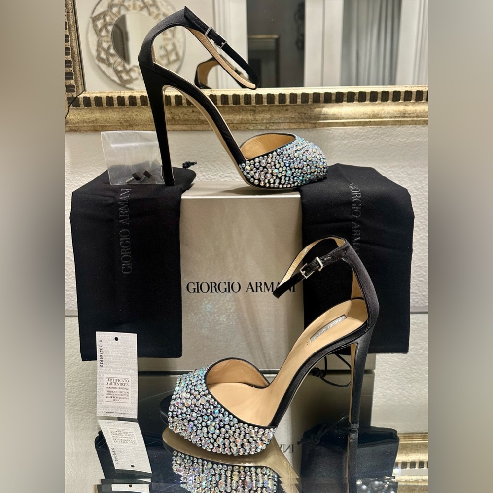Giorgio Armani Black Platform Heels with Swarovski Crystals 38